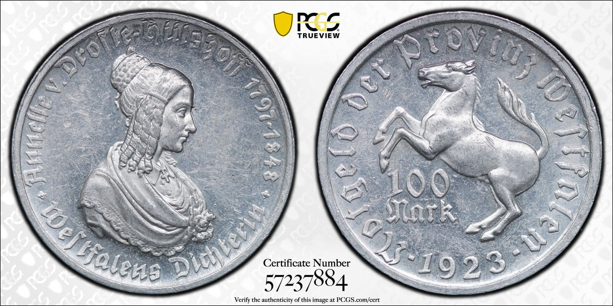 1923年 ドイツ ヴェストファーレン 100マルク アルミニウム貨 PCGS