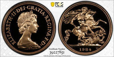 アンティークコインギャラリア 1984年 イギリス ヤングヤングエリザベス プルーフソヴリン金貨 PCGS PR70DCAM