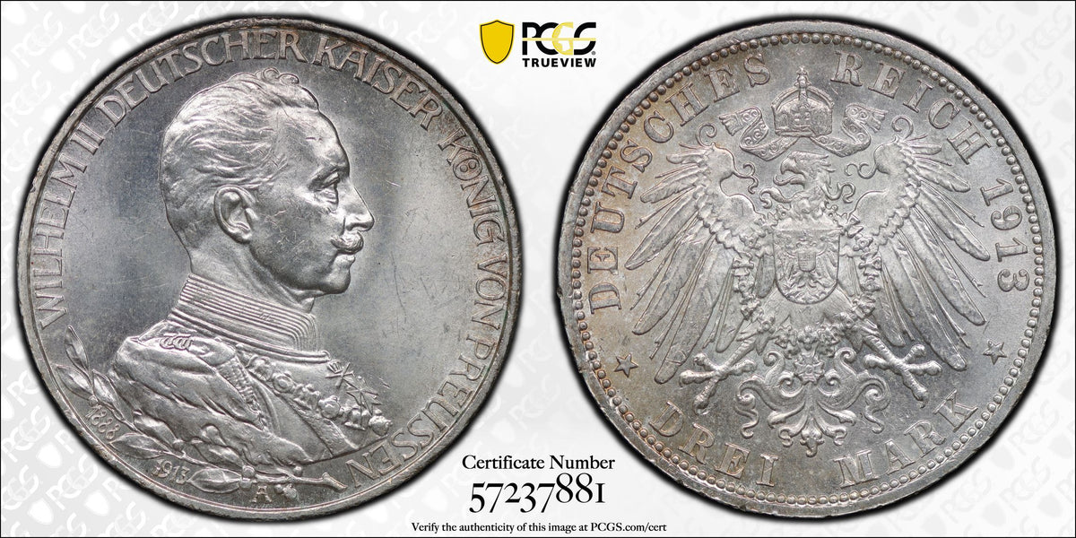 ア*ー様 1911年Aドイツ　プロイセン王国3マルク銀貨　ブレスラウ大学 1913年A ドイツ プロイセン王国 即位25周年記念 3マルク銀貨 PCGS MS63
