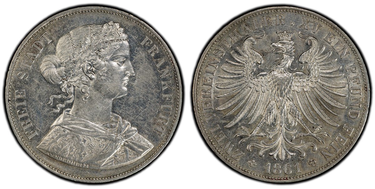 1861年 ドイツ フランクフルト フランコニア 2ターラー銀貨 PCGS AU58