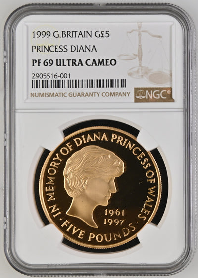 アンティークコインギャラリア 1999年 イギリス ダイアナ妃追悼 5ポンド金貨 保証書 オリジナルケース付 PF69UCAM