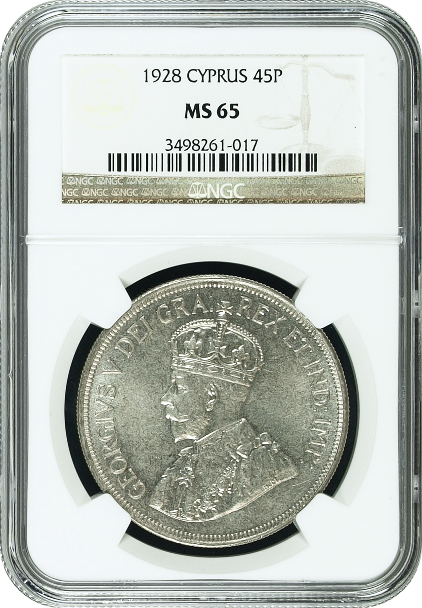 1928年 イギリス領キプロス ジョージ5世 45ピアストル銀貨 NGC MS65