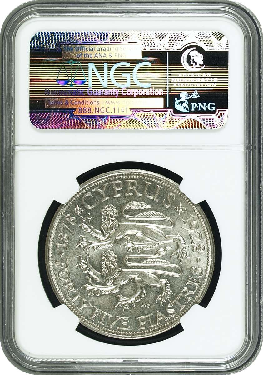 1928年 イギリス領キプロス ジョージ5世 45ピアストル銀貨 NGC MS65