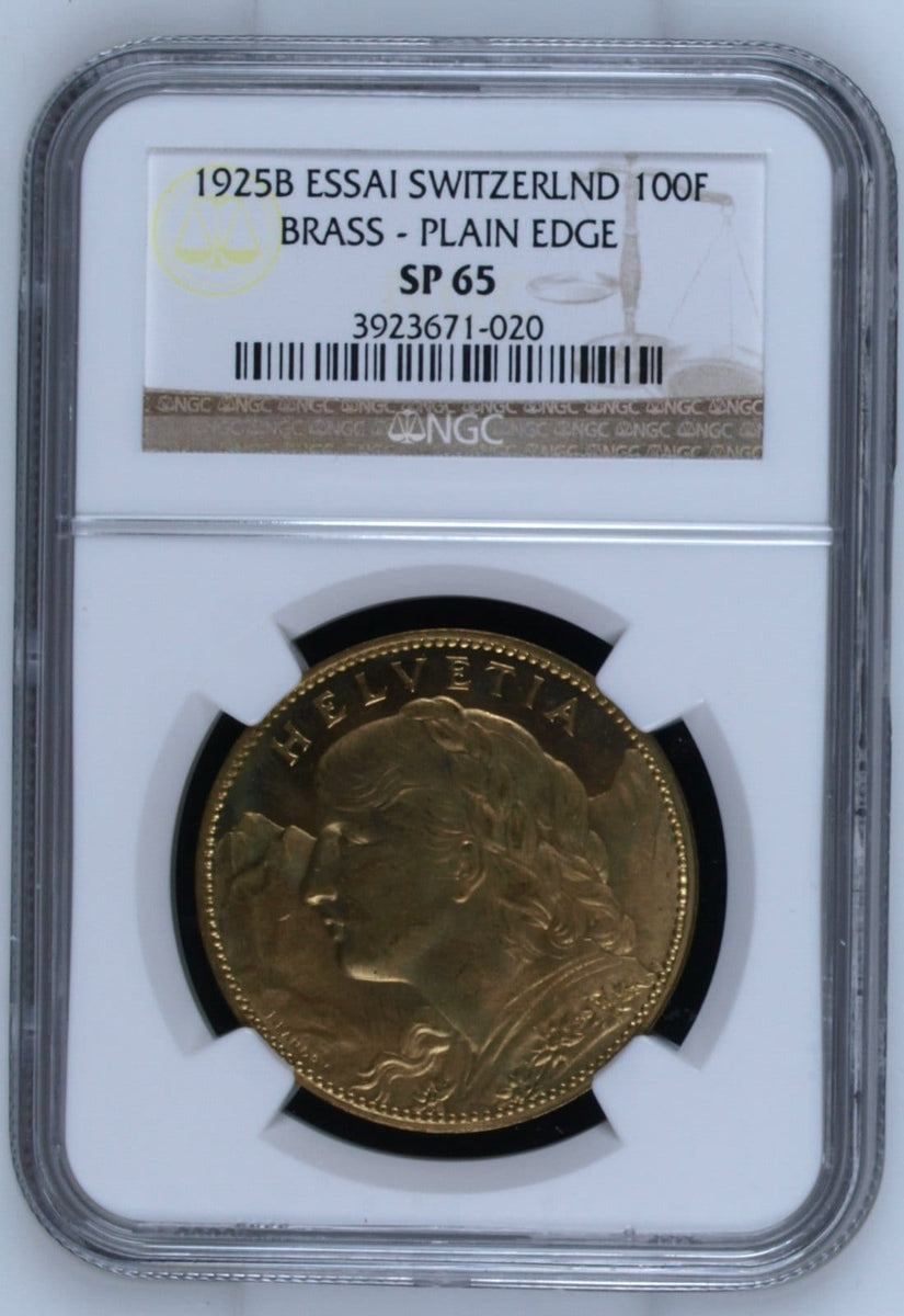 1925B年 スイス 100フラン真鍮貨 ESSAI ブレネリ プレーンエッジ NGC