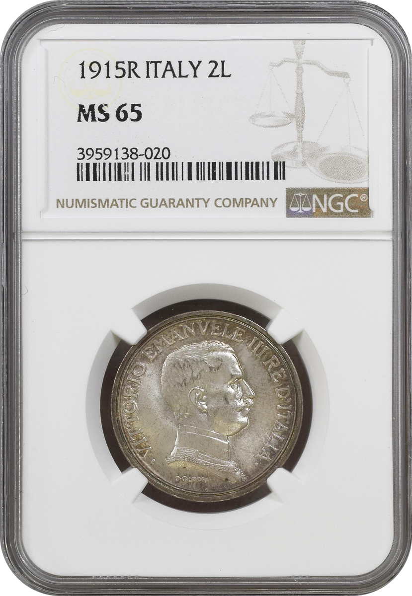 1915年 イタリア ヴィットーリオ・エマヌエーレ3世 2リレ銀貨 NGC MS65