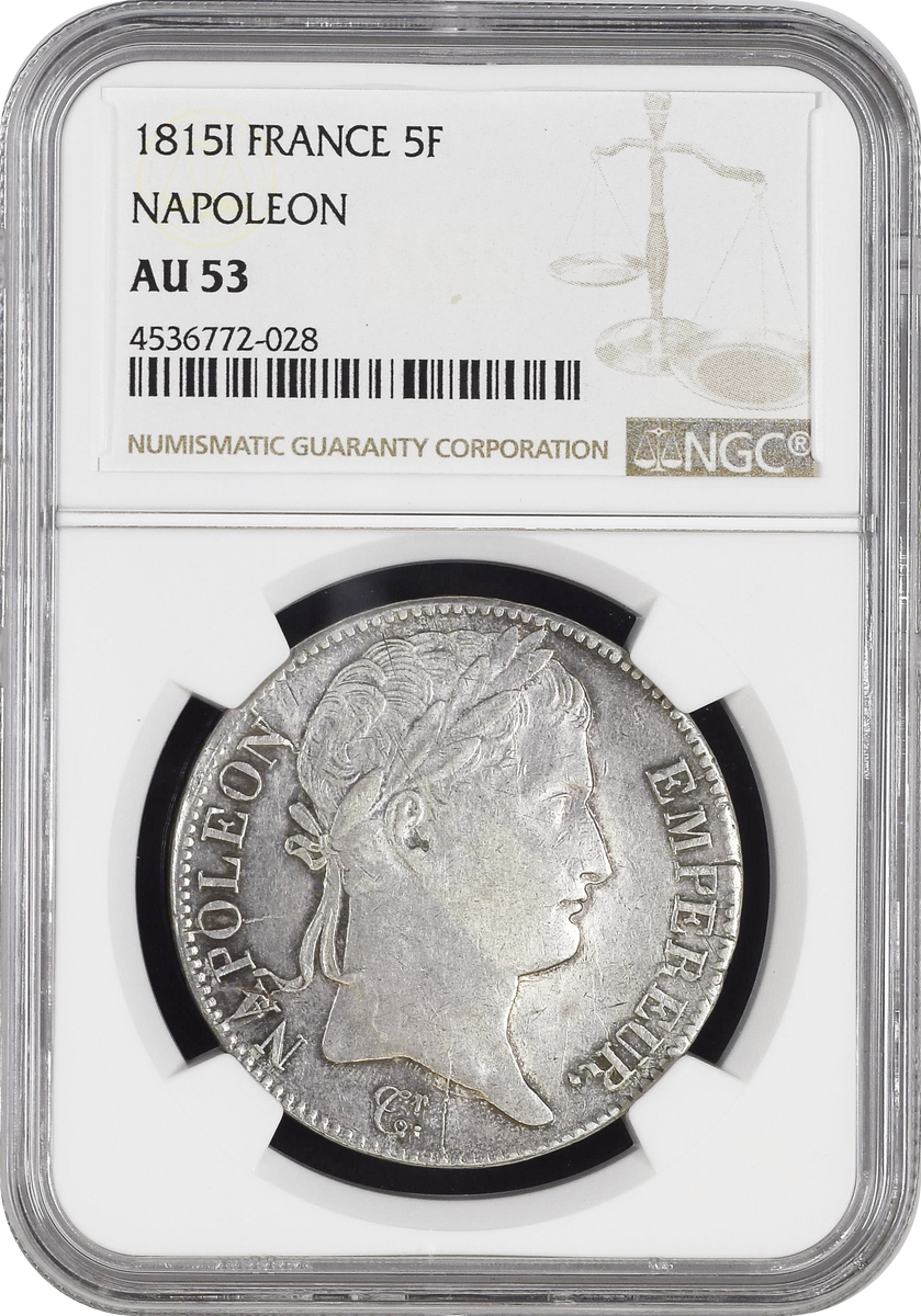 NGC-AUグレード洗浄　プロイセン　ナポレオン戦争100周年　銀貨　1913A 1815年I フランス ナポレオン1世 百日天下 5フラン銀貨 NGC AU53