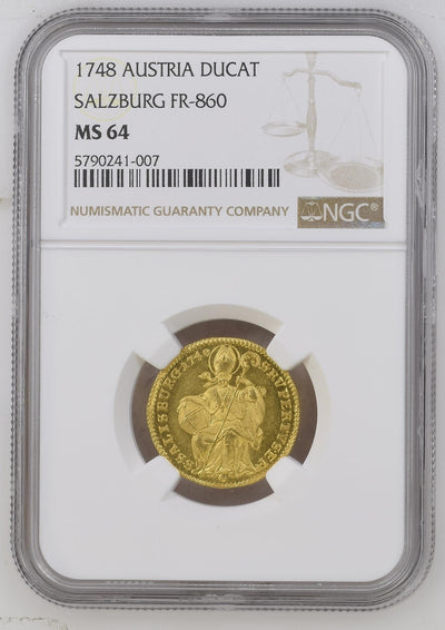 アンティークコインギャラリア 1748 神聖ローマ帝国（オーストリア） ザルツブルグ ダカット金貨 MS64（NGC最高鑑定品）