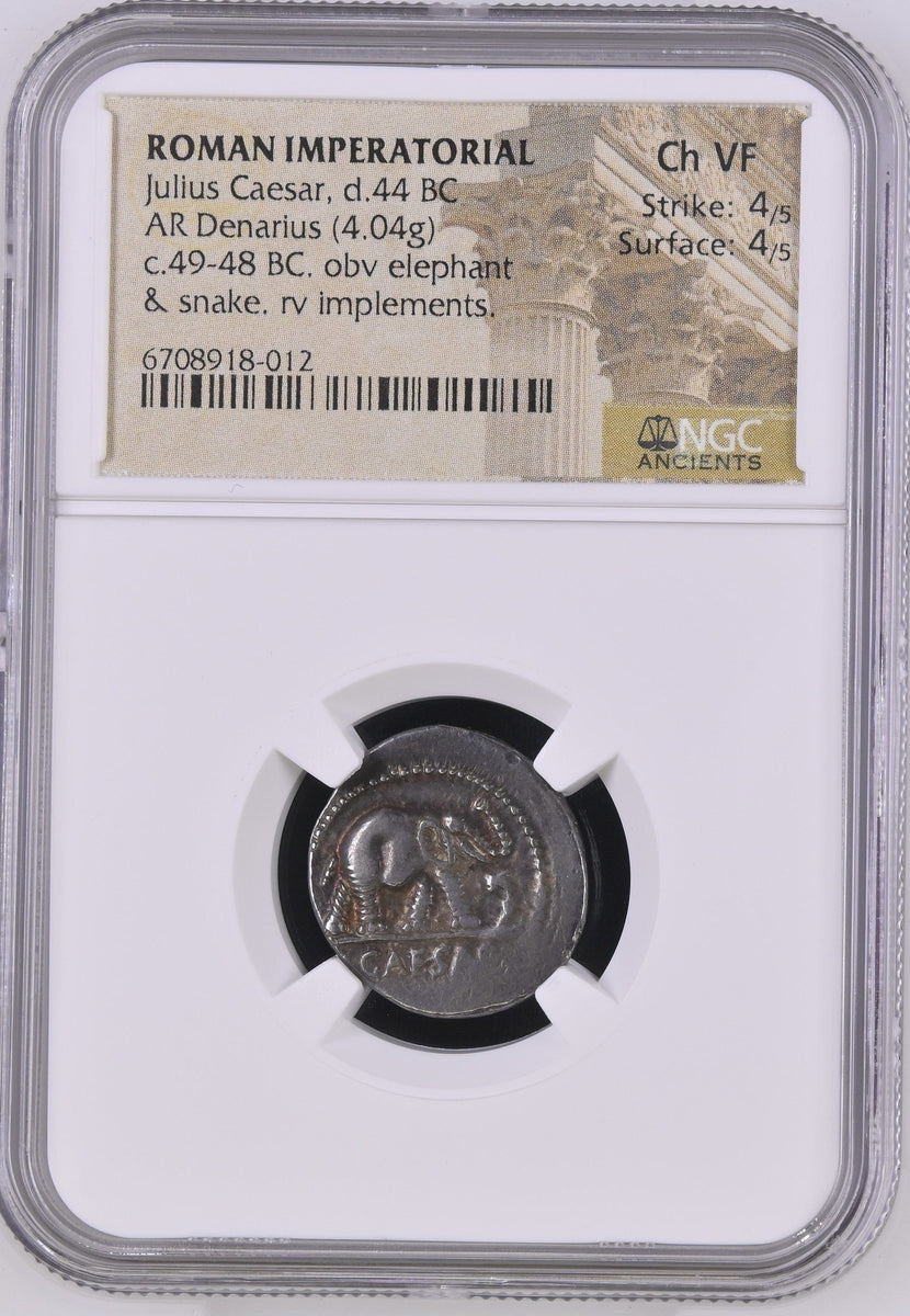 古代ローマ 49 B.C ユリウス・カエサル デナリウス銀貨 ミリタリーミント Ch VF Strike: 4/5 Surface: 4/5 |  アンティークコインギャラリア