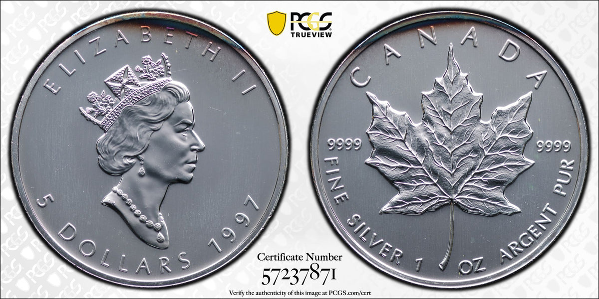 1997年 カナダ エリザベス2世 メープルリーフ 5ドル銀貨 PCGS MS68