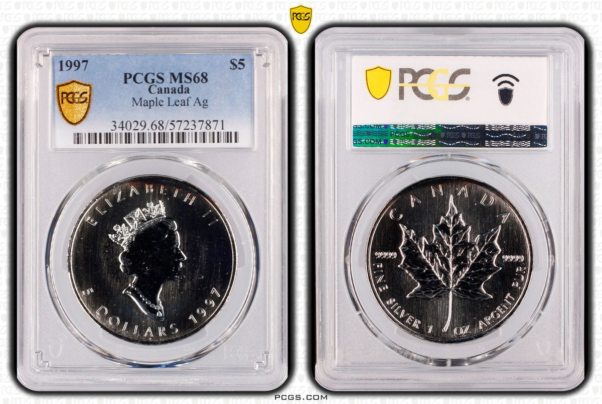 1997年 カナダ エリザベス2世 メープルリーフ 5ドル銀貨 PCGS MS68