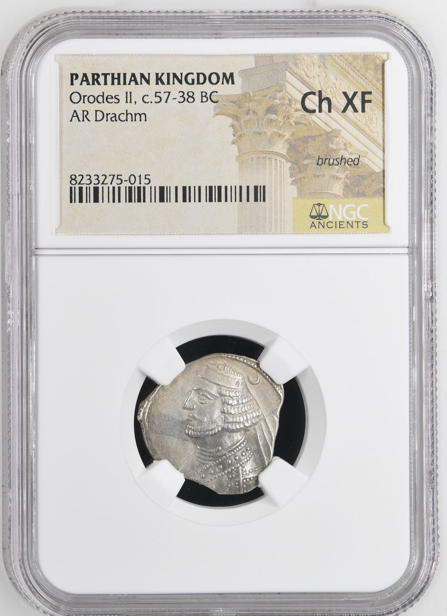 紀元前57-38年頃 古代 パルティア オロデス2世 ドラクマ銀貨 NGC Ch XF
