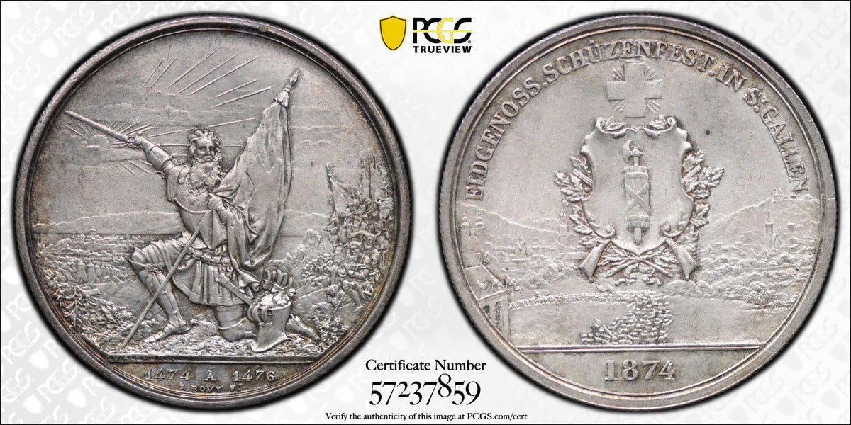 1874年 スイス ザンクト・ガレン 射撃祭 5フラン銀貨 PCGS Genuine