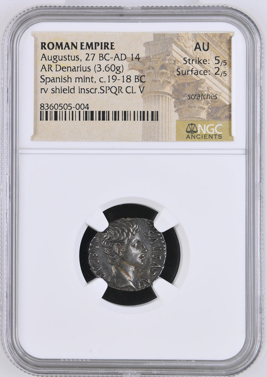 紀元前27-紀元後14年 ローマ帝国 アウグストゥス デナリウス銀貨 AU