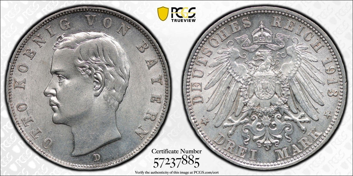 1913年 ドイツ帝国 バイエルン王国 オットー1世 3マルク銀貨 PCGS MS63