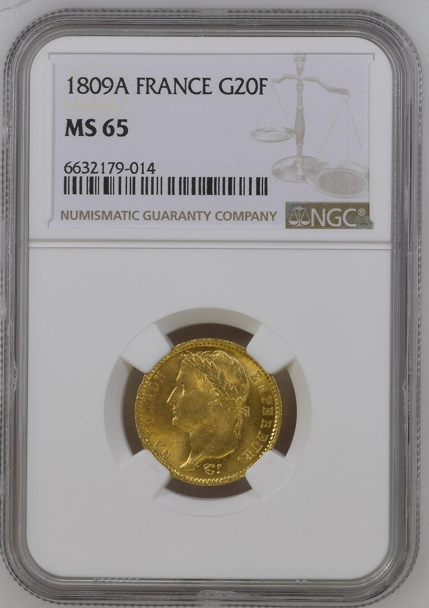 1809年A フランス ナポレオン1世 20フラン金貨 NGC MS65 Top Pop | 港