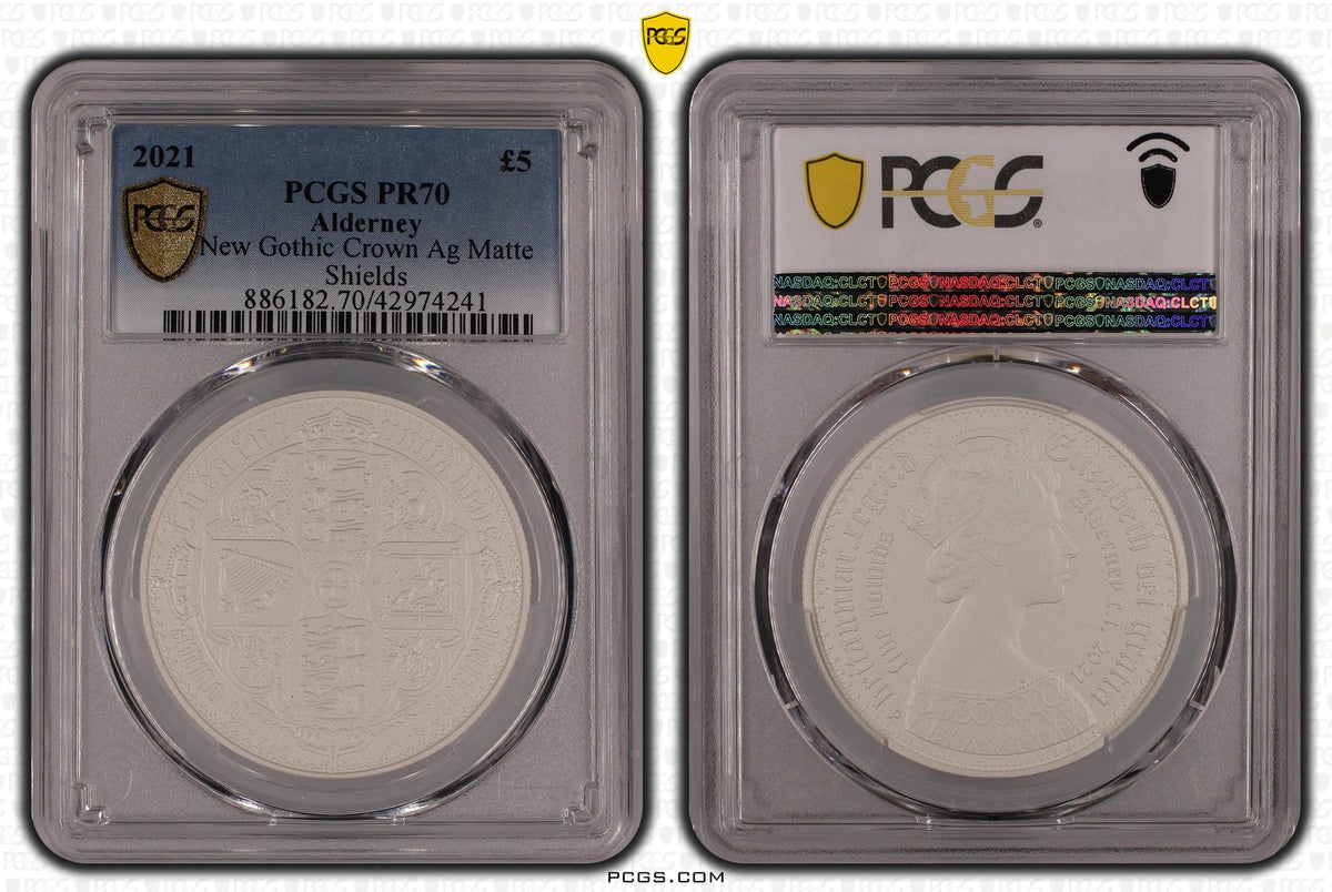 オルダニー ニューゴシッククラウン ￡5マットプルーフ銀貨2枚 PCGS最高鑑定 2021年 オルダニー ゴシッククラウン クオーターアーム 5ポンド銀貨