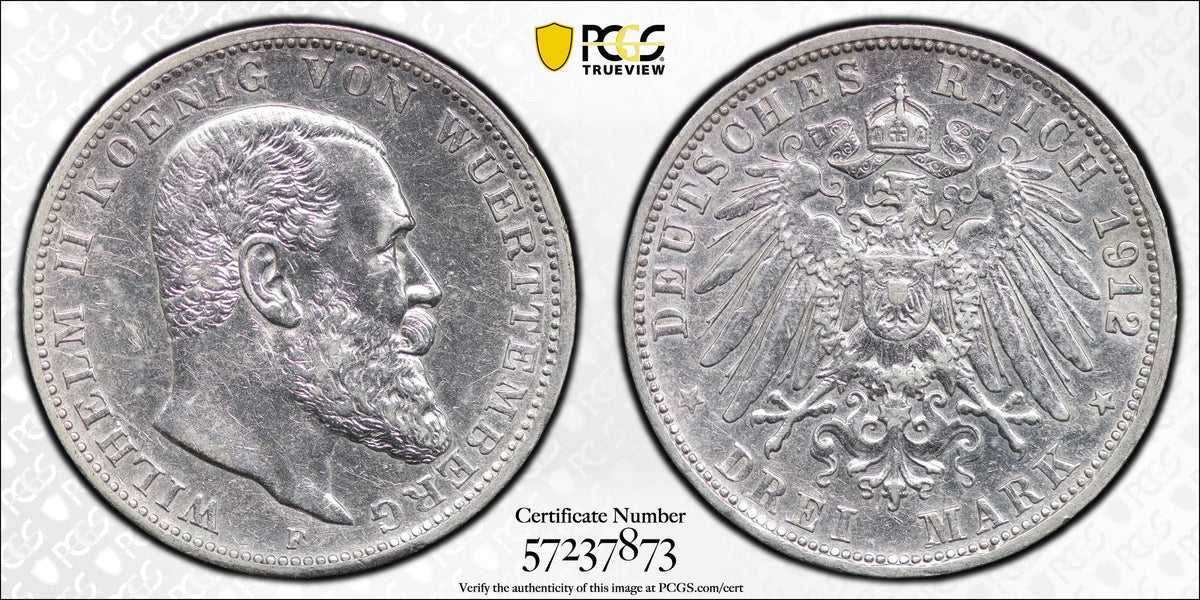 1912年-F ドイツ帝国 ヴュルテンベルク ヴィルヘルム2世 3マルク銀貨
