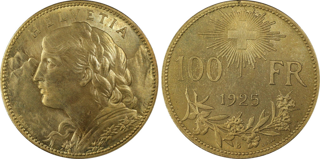 アンティークコインギャラリア 1925年 スイス "ブレネリ" 100フラン 試鋳貨 真鍮製 PCGS SP64