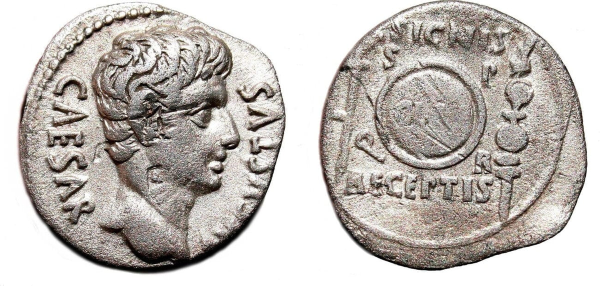 ローマ帝国 アウグストゥス 紀元前19年 デナリウス 銀貨 美品 