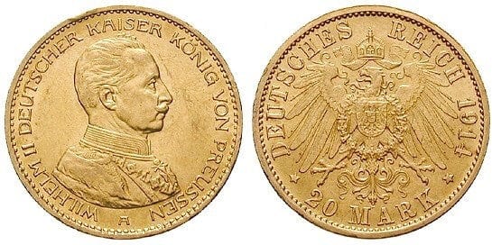 ドイツ 1913年A プロイセン フリードリヒ・ヴィルヘルム2世 20マルク金貨