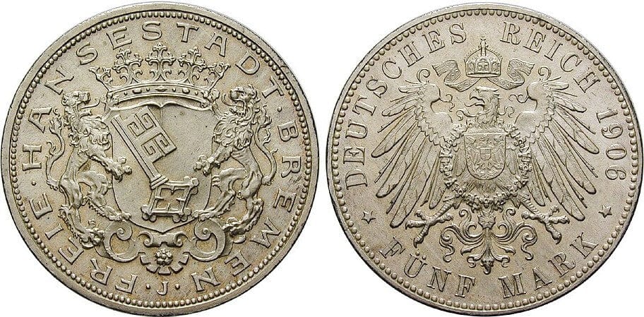 ドイツ ブレーメン 1906年 5マルク 銀貨 未使用 | アンティークコイン ...