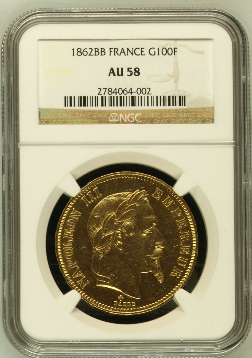 1862BB フランス 100フラン金貨 ナポレオン3世 有冠 NGC AU58