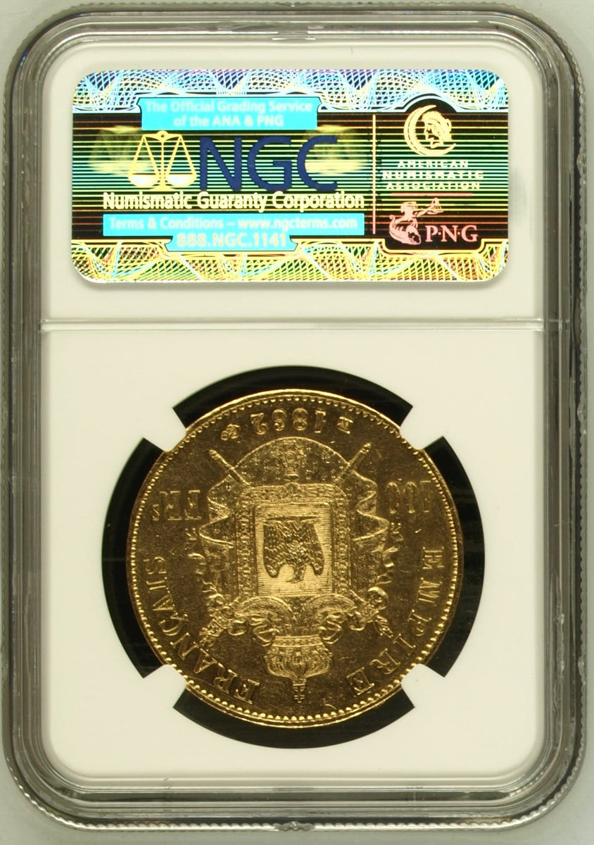 1862BB フランス 100フラン金貨 ナポレオン3世 有冠 NGC AU58