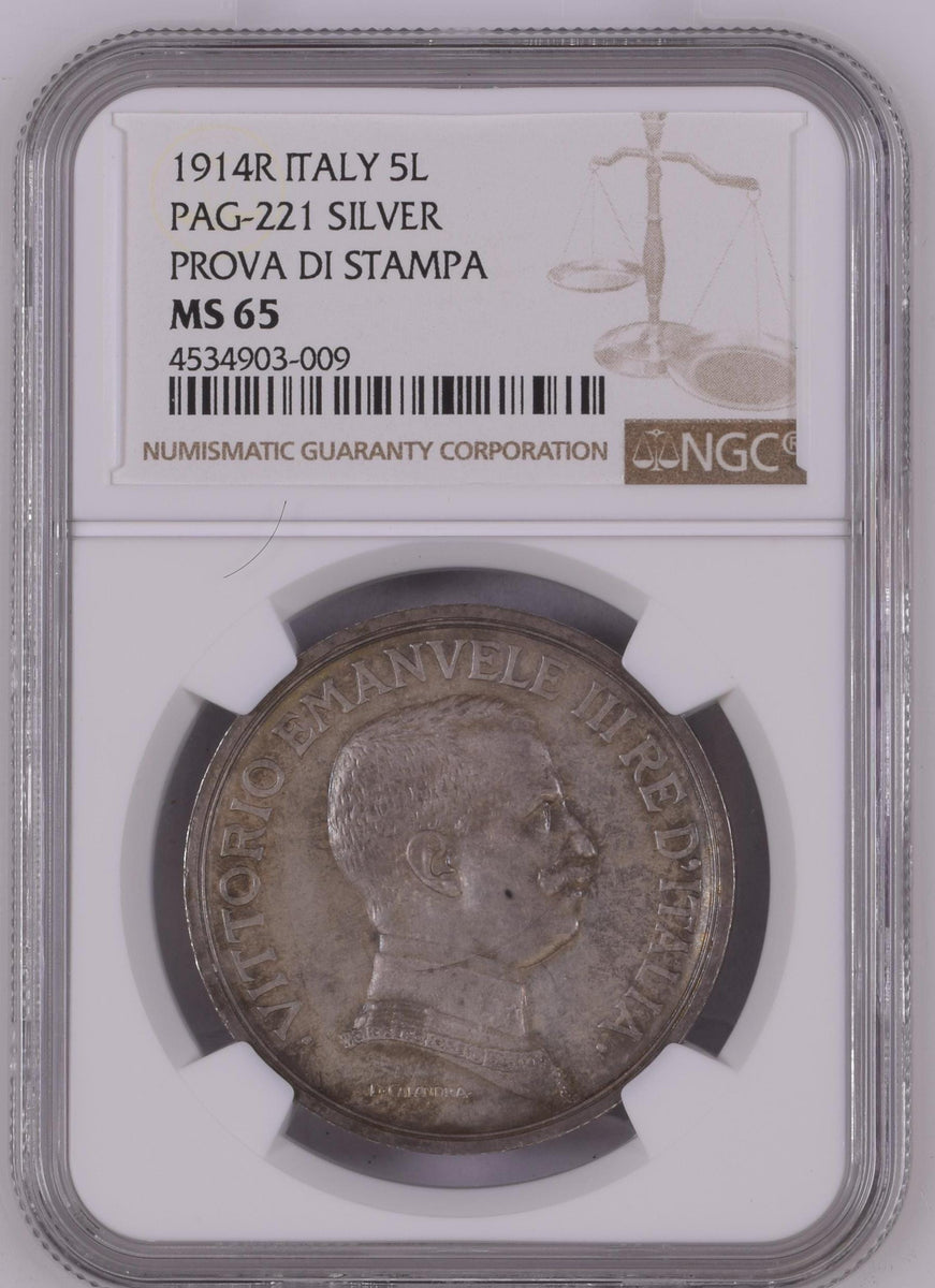 1914-R年 イタリア ヴィットリオ・エマヌエレ3世 クァドリガ 5リレ銀貨 NGC MS65 | アンティークコインギャラリア