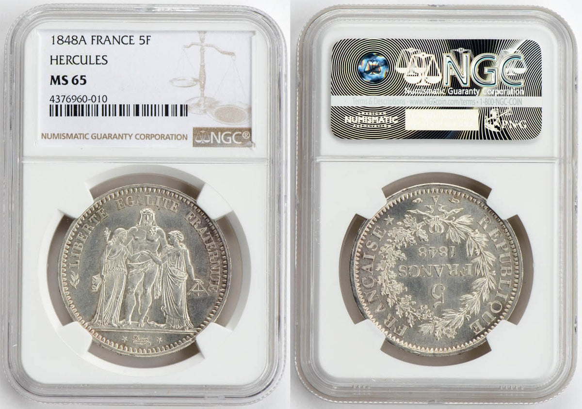 フランス ヘラクレス 1848年 5フラン 銀貨 NGC MS 65