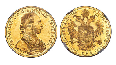 オーストリア フランツヨーゼフ1世 ４ダカット金貨、激動の時代を生きた皇帝の生涯と時代背景の解説と関連のコインをご紹介