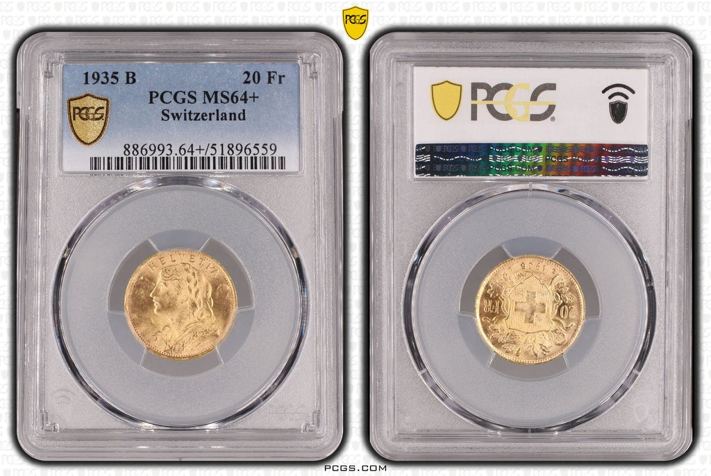 #アンティークコインギャラリア 1935年LB スイス 20フラン金貨 リストライク PCGS MS64+