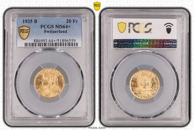 #アンティークコインギャラリア 1935年LB スイス 20フラン金貨 リストライク PCGS MS64+