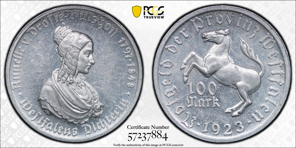 1923年 ドイツ ヴェストファーレン 100マルク アルミニウム貨 PCGS MS61