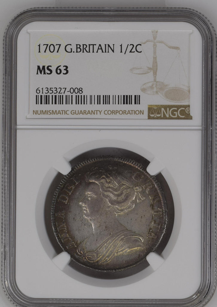 1707年 イギリス アン女王 ハーフクラウン銀貨 ポストユニオン セプティモエッジ NGC MS63