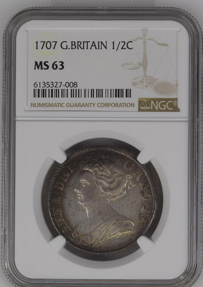 1707年 イギリス アン女王 ハーフクラウン銀貨 ポストユニオン セプ