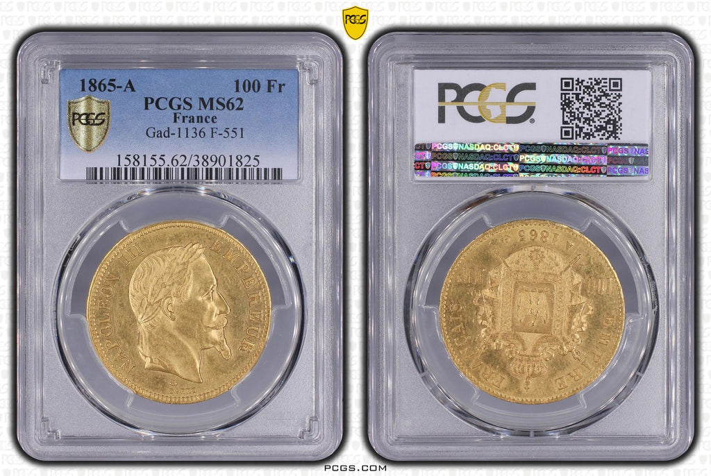 1865年A フランス ナポレオン3世  100フラン金貨 PCGS MS62