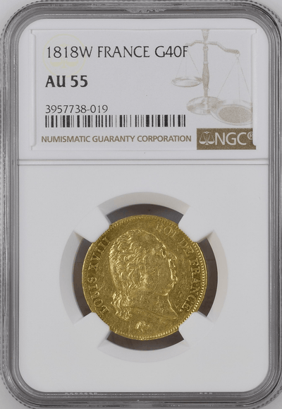 アンティークコインギャラリア 1818W フランス ルイ18世 40フラン金貨 AU55