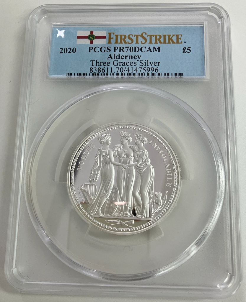 2020年 オルダニー スリー・グレイセス 2oz 5ポンド銀貨 PCGS PR70 Deep Cameo First Strike