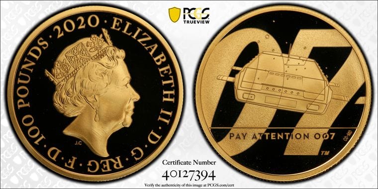 アンティークコインギャラリア 2020年 イギリス 007 "PayAttention" 100ポンド金貨 PCGS PR70DCAM 外箱・COA付き