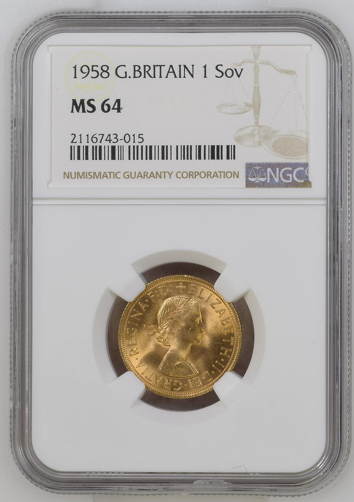 1958年 イギリス エリザベス2世 1stポートレート ギリックソヴリン金貨 NGC MS64