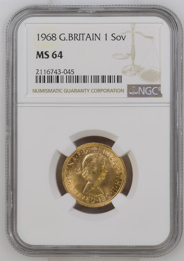 1968年 イギリス エリザベス2世 1stポートレート ギリックソヴリン金貨 NGC MS64