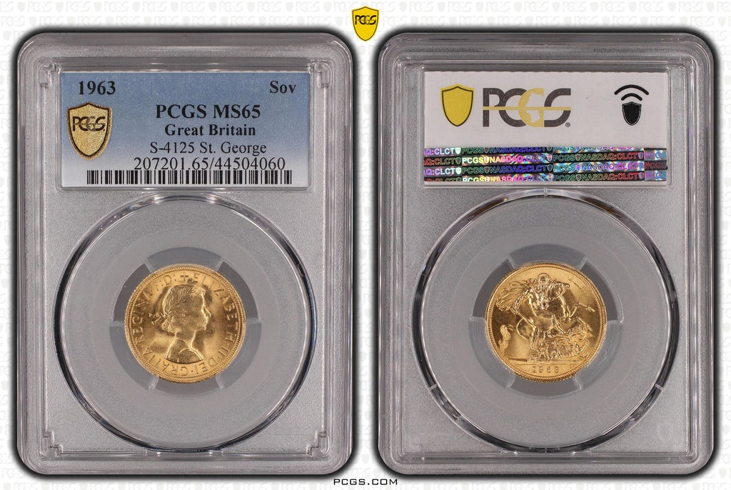 #アンティークコインギャラリア 1963年 イギリス エリザベス2世 1stポートレート ソヴリン金貨 PCGS MS65