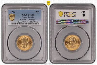 #アンティークコインギャラリア 1963年 イギリス エリザベス2世 1stポートレート ソヴリン金貨 PCGS MS65