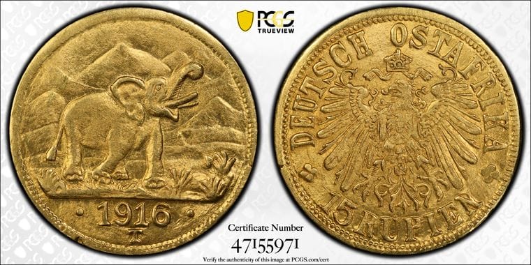 アンティークコインギャラリア 1916-T ドイツ領東アフリカ 15ルピー金貨 PCGS MS62