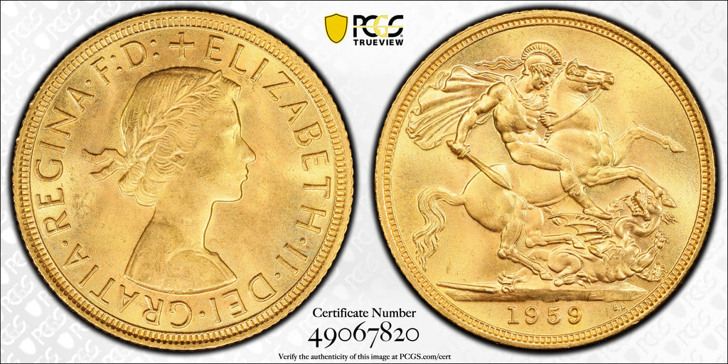 #アンティークコインギャラリア 1959年 イギリス エリザベス2世 1stポートレート ソヴリン金貨 PCGS MS64
