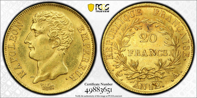 #アンティークコインギャラリア 1803年 フランス ナポレオン1世 無冠 20フラン金貨 MS62