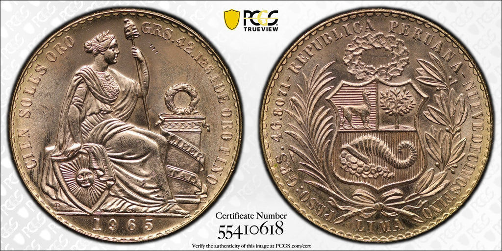 1965年 ペルー 坐像の女神 100ソル金貨 PCGS MS66