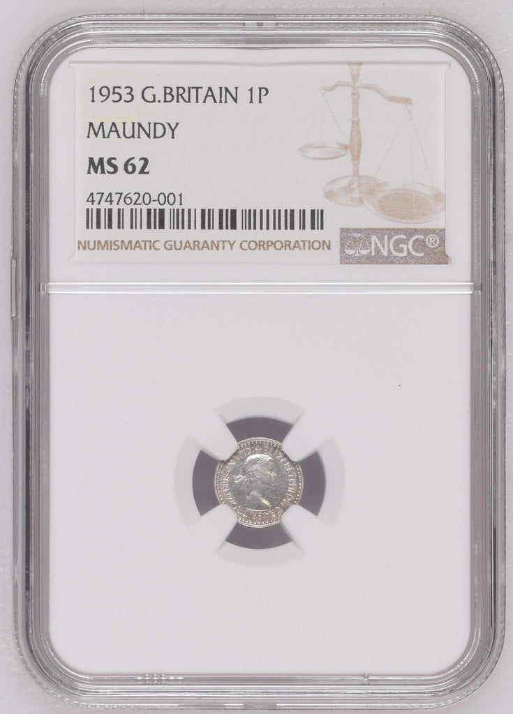 1953年 イギリス エリザベス2世 1stポートレート 1ペニー銀貨 NGC MS62