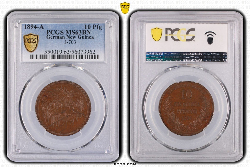 #アンティークコインギャラリア 1894年 ドイツ領ニューギニア 極楽鳥 10ペニヒ銅貨 PCGS MS63BN