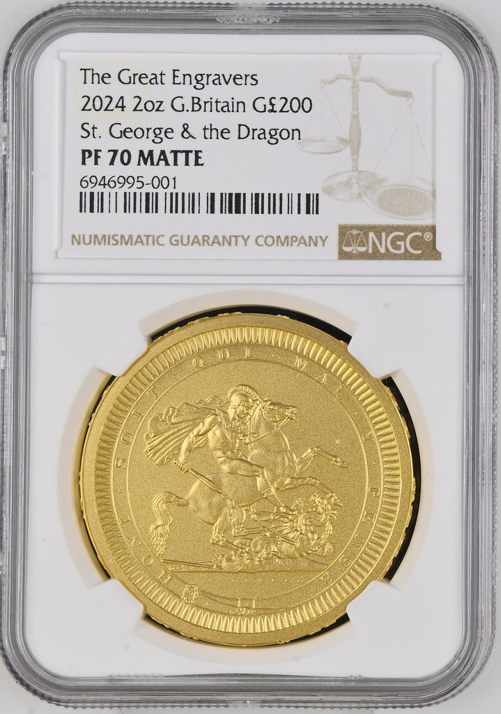 2024年 イギリス グレートエングレーバーシリーズ 聖ジョージの竜退治 2oz 200ポンド金貨 NGC PF70 MATTE 箱付き